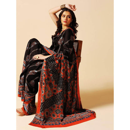 Aditri Black Handprinted Ajrakh On Modal Silk Saree with Running Blouse