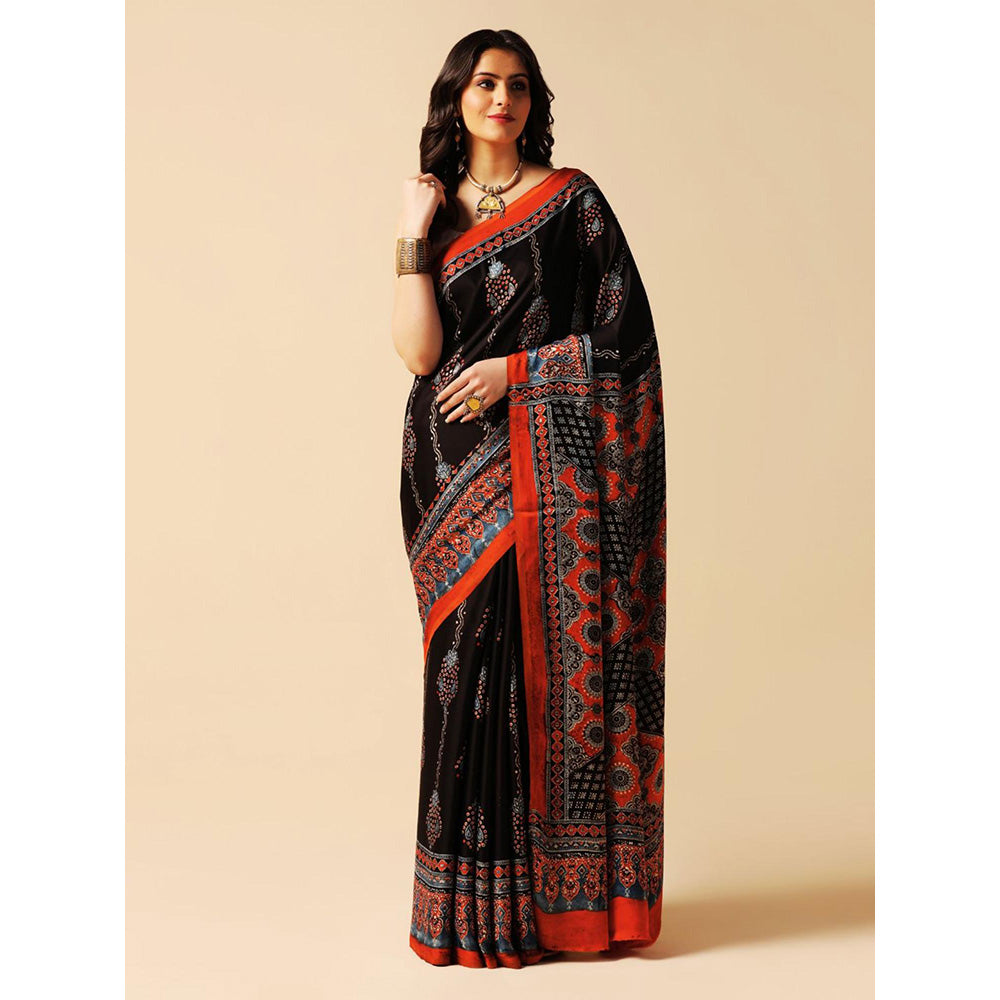 Aditri Black Handprinted Ajrakh On Modal Silk Saree with Running Blouse