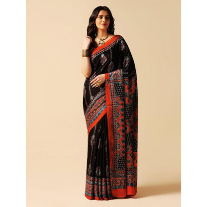 Aditri Black Handprinted Ajrakh On Modal Silk Saree with Running Blouse