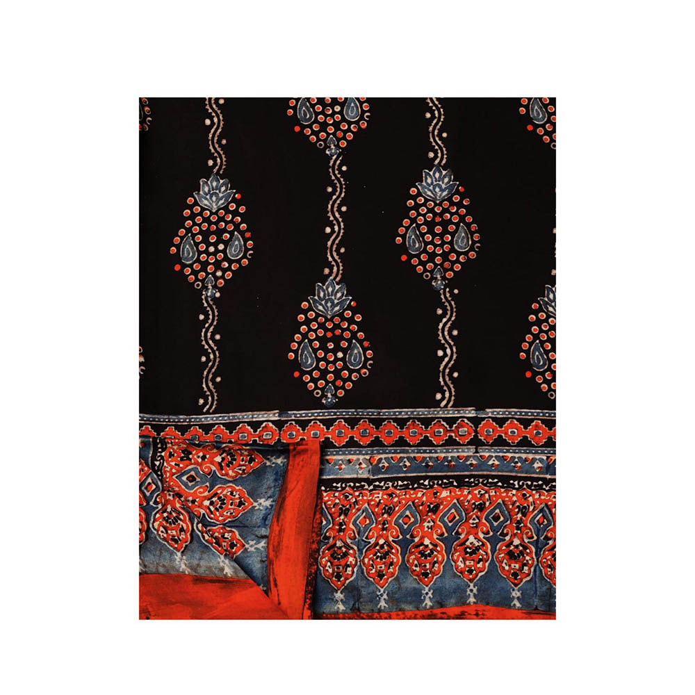 Aditri Black Handprinted Ajrakh On Modal Silk Saree with Running Blouse