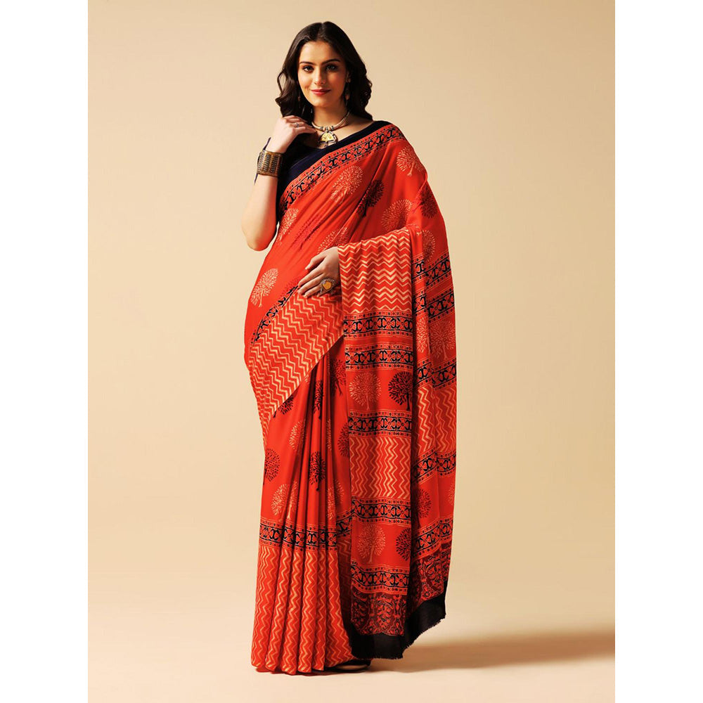 Aditri Red Handprinted Ajrakh On Modal Silk Saree with Running Blouse