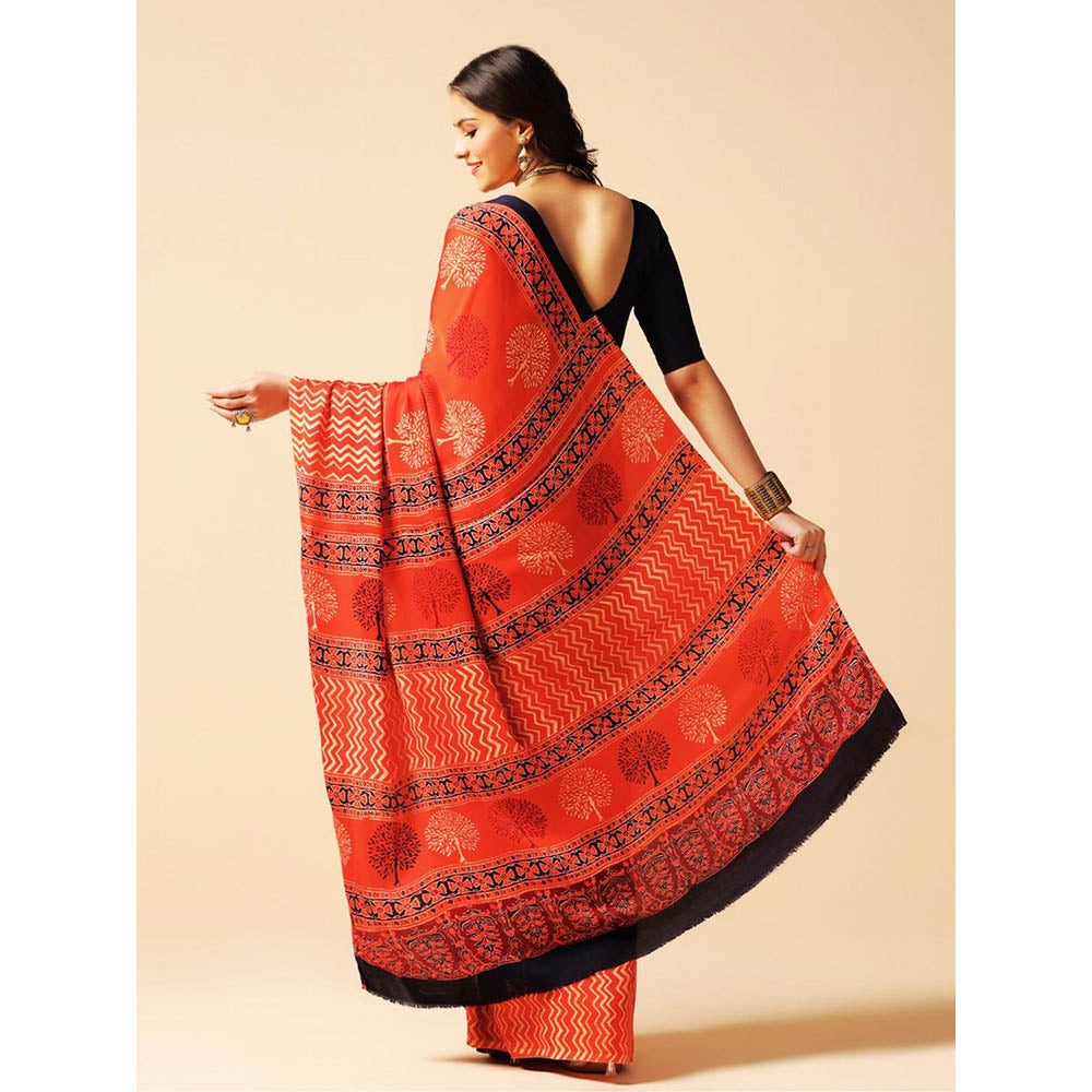 Aditri Red Handprinted Ajrakh On Modal Silk Saree with Running Blouse