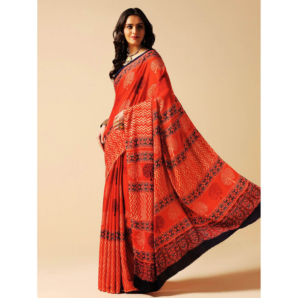Aditri Red Handprinted Ajrakh On Modal Silk Saree with Running Blouse