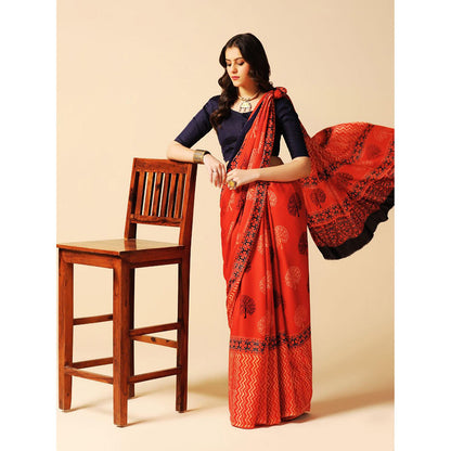 Aditri Red Handprinted Ajrakh On Modal Silk Saree with Running Blouse