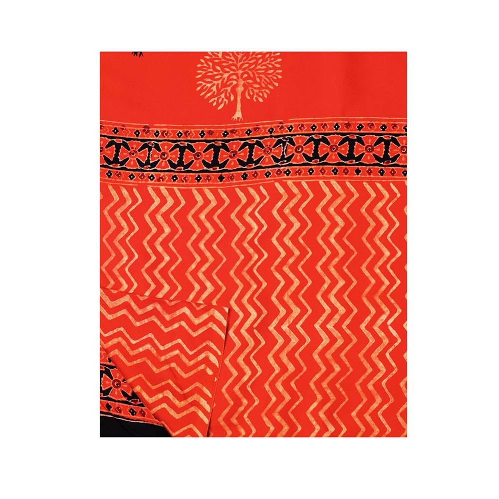 Aditri Red Handprinted Ajrakh On Modal Silk Saree with Running Blouse