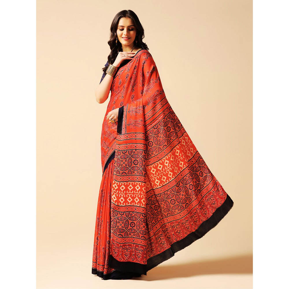 Aditri Red Handprinted Ajrakh On Modal Silk Saree with Running Blouse