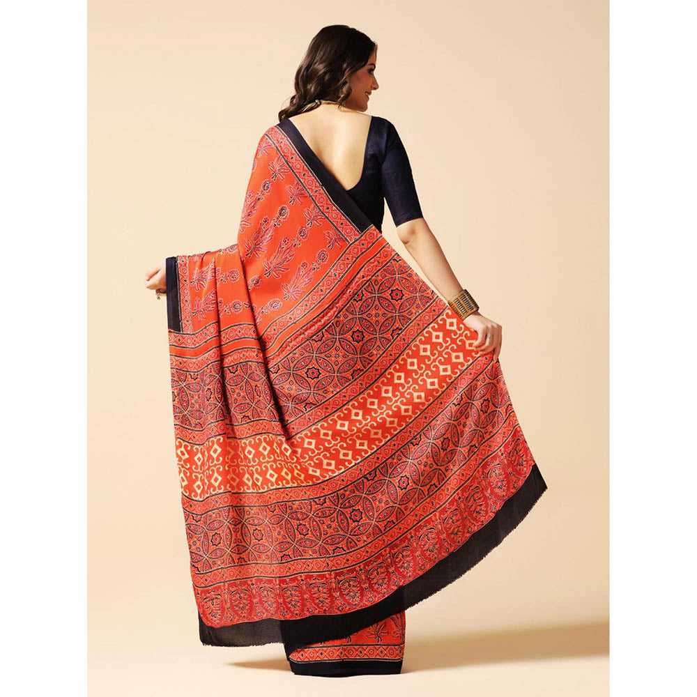 Aditri Red Handprinted Ajrakh On Modal Silk Saree with Running Blouse
