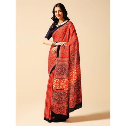 Aditri Red Handprinted Ajrakh On Modal Silk Saree with Running Blouse