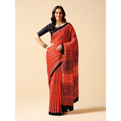 Aditri Red Handprinted Ajrakh On Modal Silk Saree with Running Blouse