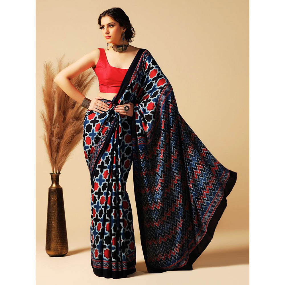 Aditri Blue Handprinted Ajrakh On Modal Silk Saree with Running Blouse