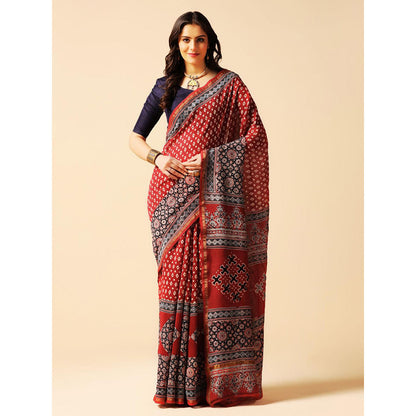 Aditri Red Handprinted Ajrakh On Chanderi Silk Saree with Running Blouse