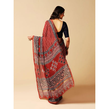 Aditri Red Handprinted Ajrakh On Chanderi Silk Saree with Running Blouse