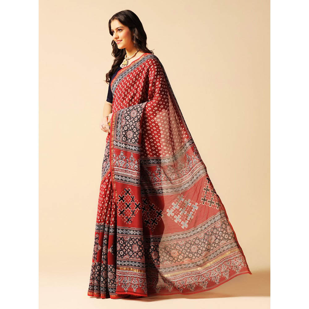 Aditri Red Handprinted Ajrakh On Chanderi Silk Saree with Running Blouse
