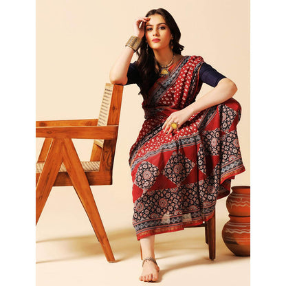 Aditri Red Handprinted Ajrakh On Chanderi Silk Saree with Running Blouse