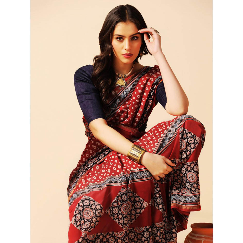 Aditri Red Handprinted Ajrakh On Chanderi Silk Saree with Running Blouse