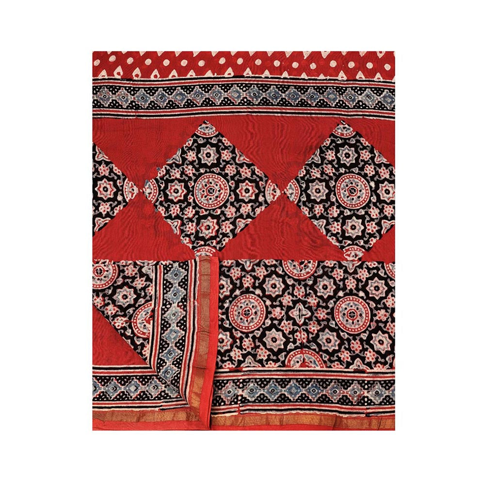 Aditri Red Handprinted Ajrakh On Chanderi Silk Saree with Running Blouse