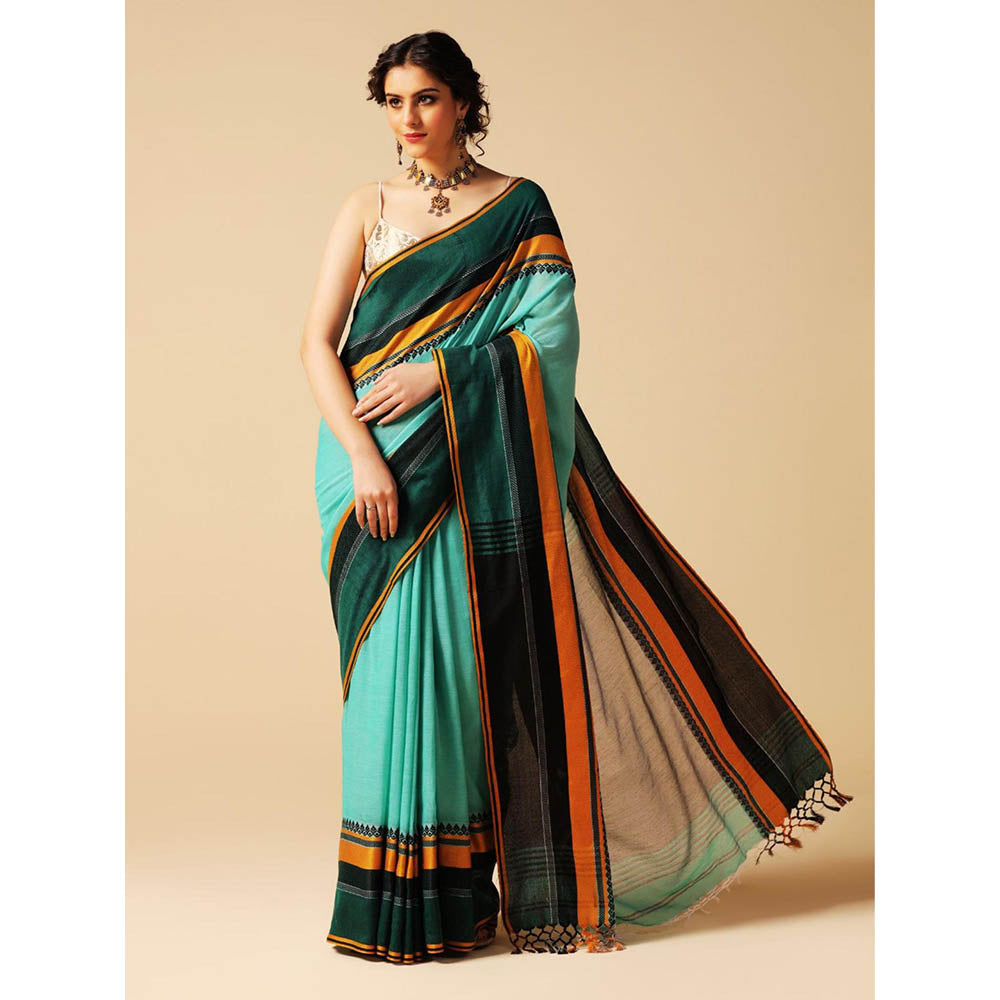 Aditri Turquoise Handloom Khadi Cotton Saree with Running Blouse
