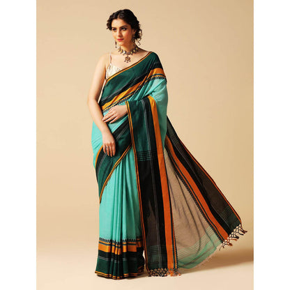 Aditri Turquoise Handloom Khadi Cotton Saree with Running Blouse