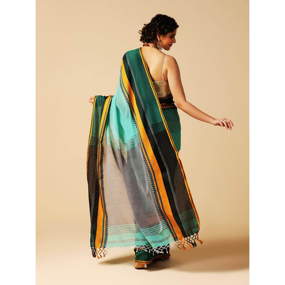 Aditri Turquoise Handloom Khadi Cotton Saree with Running Blouse