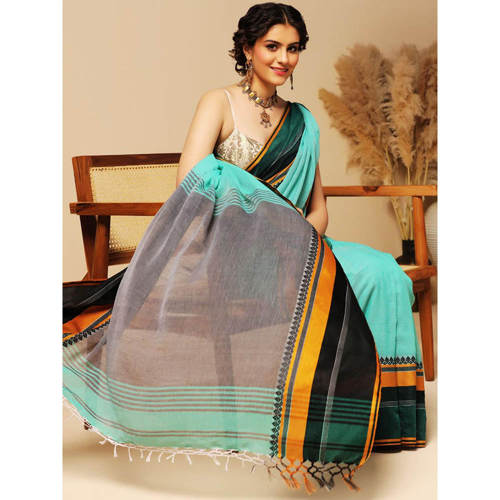 Aditri Turquoise Handloom Khadi Cotton Saree with Running Blouse