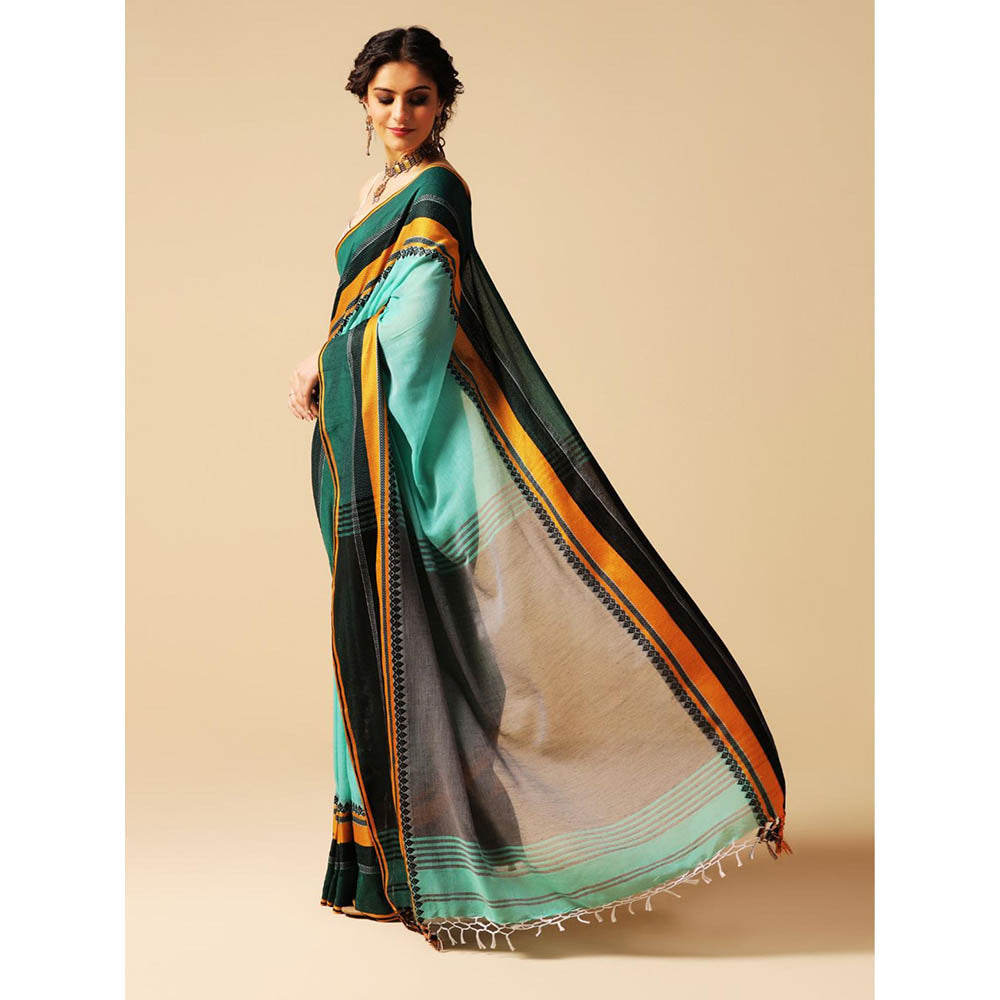 Aditri Turquoise Handloom Khadi Cotton Saree with Running Blouse