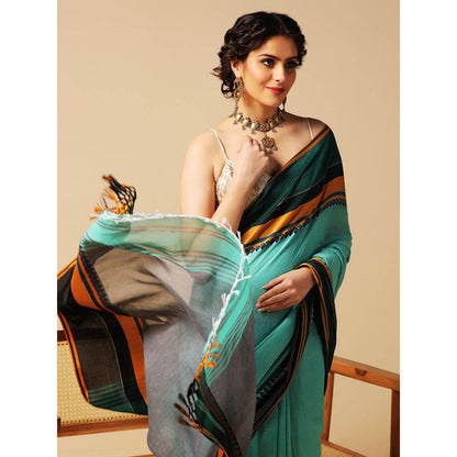 Aditri Turquoise Handloom Khadi Cotton Saree with Running Blouse