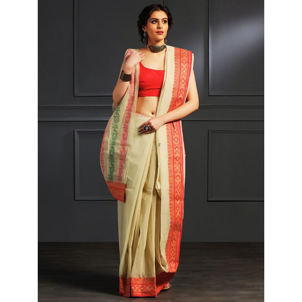 Aditri Beige Handloom Khadi Cotton Saree with Running Blouse