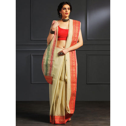 Aditri Beige Handloom Khadi Cotton Saree with Running Blouse