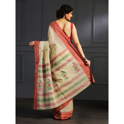 Aditri Beige Handloom Khadi Cotton Saree with Running Blouse
