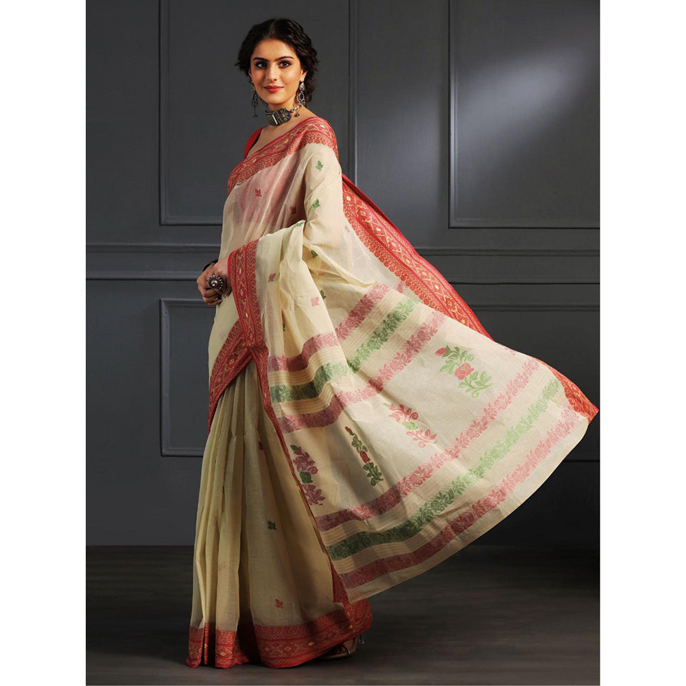 Aditri Beige Handloom Khadi Cotton Saree with Running Blouse