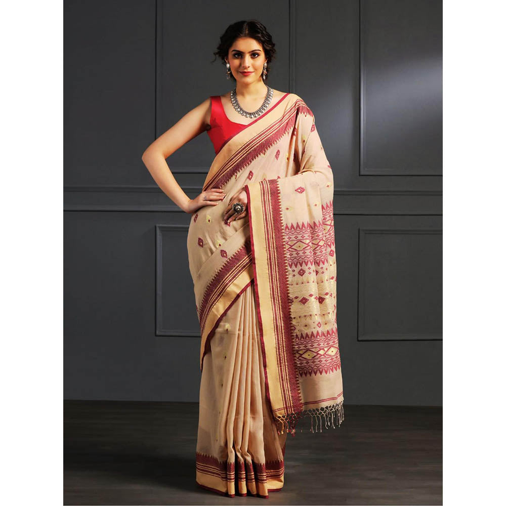 Aditri Beige Handloom Khadi Cotton Saree with Running Blouse