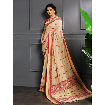 Aditri Beige Handloom Khadi Cotton Saree with Running Blouse