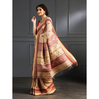 Aditri Beige Handloom Khadi Cotton Saree with Running Blouse