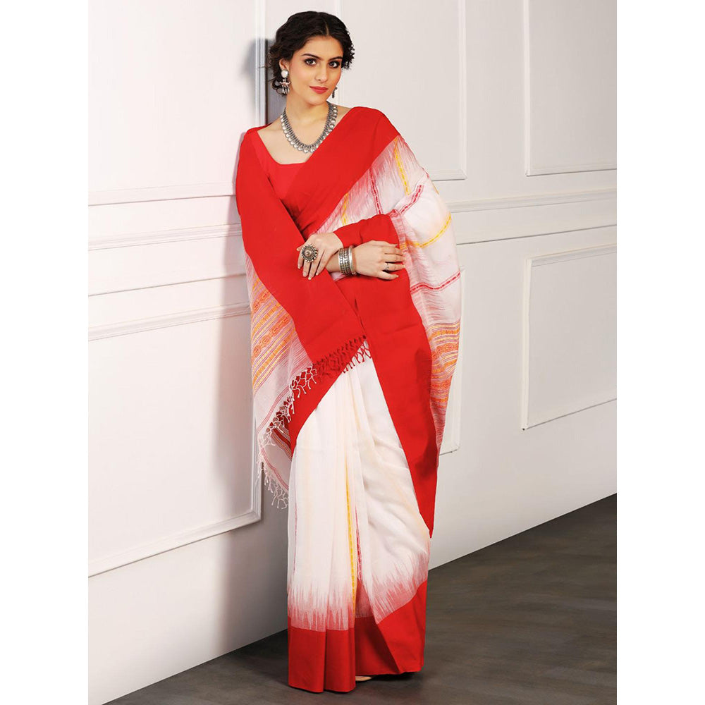 Aditri White Handloom Khadi Cotton Saree with Running Blouse