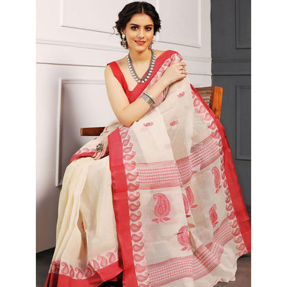 Aditri Beige Handloom Khadi Cotton Saree with Running Blouse