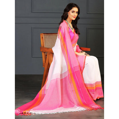 Aditri White Handloom Khadi Cotton Saree with Running Blouse