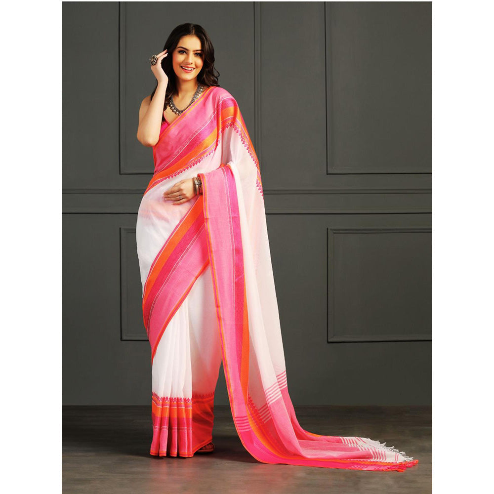 Aditri White Handloom Khadi Cotton Saree with Running Blouse