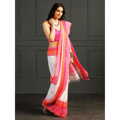 Aditri White Handloom Khadi Cotton Saree with Running Blouse
