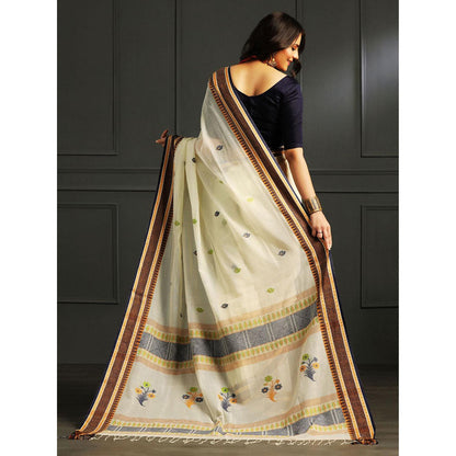 Aditri Cream Handloom Khadi Cotton Saree with Running Blouse