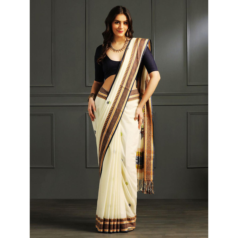 Aditri Cream Handloom Khadi Cotton Saree with Running Blouse