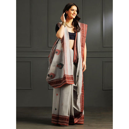 Aditri Grey Handloom Khadi Cotton Saree with Running Blouse