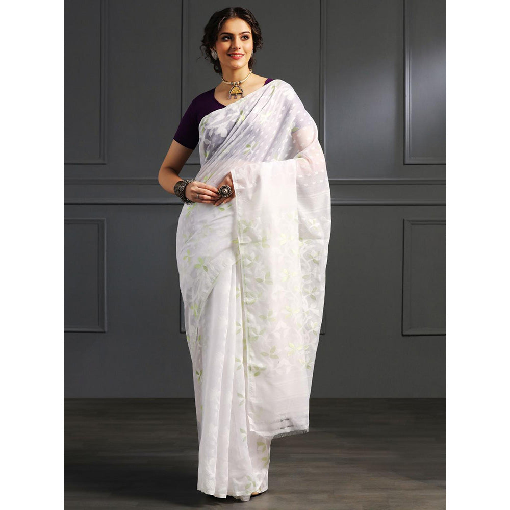 Aditri White Handloom Jamdani On Resham Silk Saree with Running Blouse
