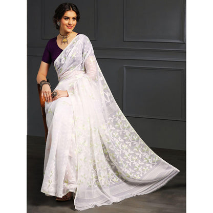 Aditri White Handloom Jamdani On Resham Silk Saree with Running Blouse