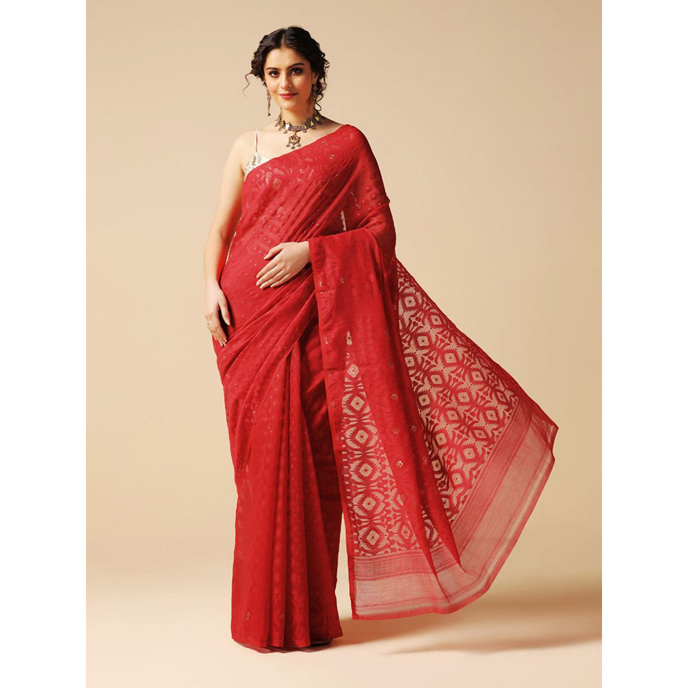 Aditri Red Handloom Jamdani On Resham Silk Saree with Running Blouse