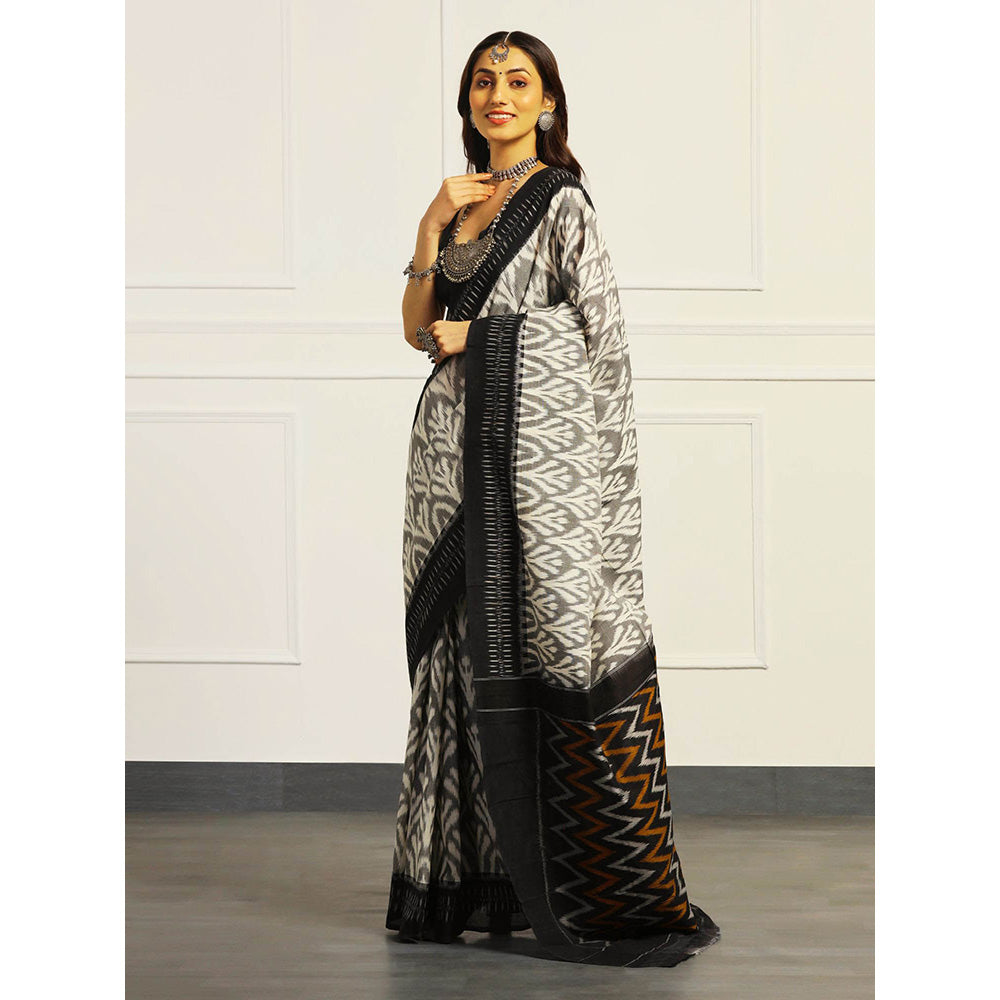 Aditri Black Handloom Ikat On Gas Saree with Unstitched Blouse