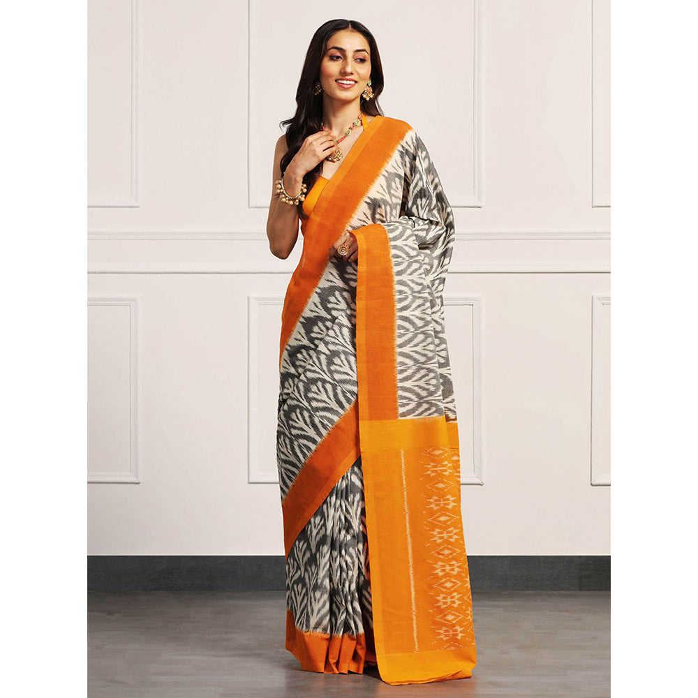 Aditri Orange Handloom Ikat On Gas Saree with Unstitched Blouse