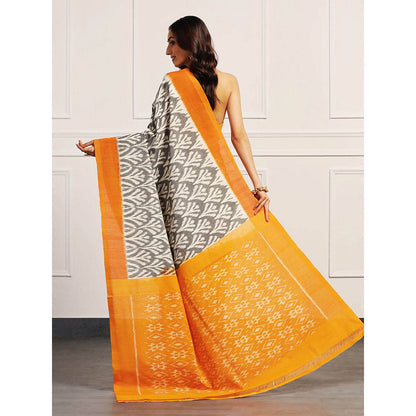 Aditri Orange Handloom Ikat On Gas Saree with Unstitched Blouse