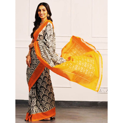 Aditri Orange Handloom Ikat On Gas Saree with Unstitched Blouse