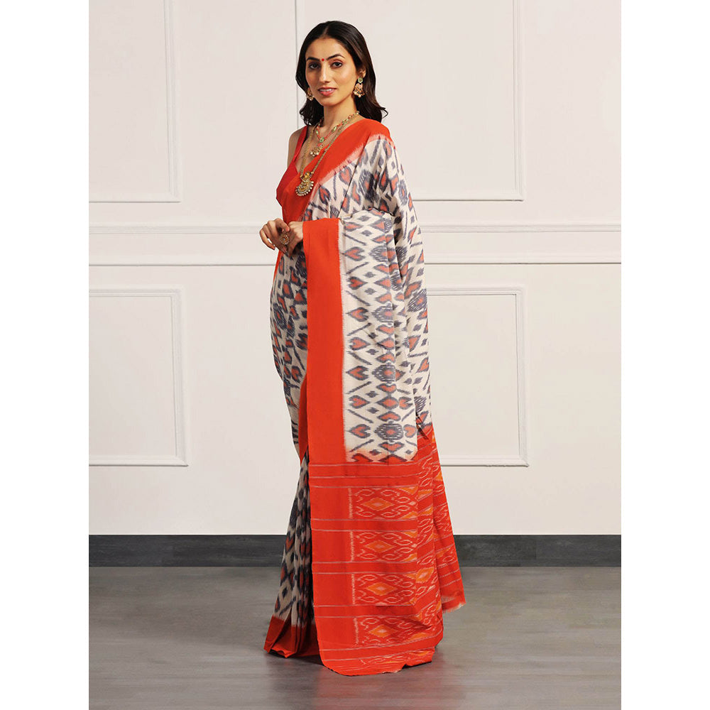 Aditri Orange Handloom Ikat On Gas Saree with Unstitched Blouse