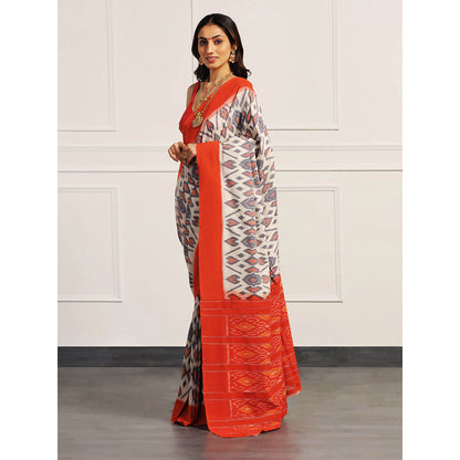 Aditri Orange Handloom Ikat On Gas Saree with Unstitched Blouse